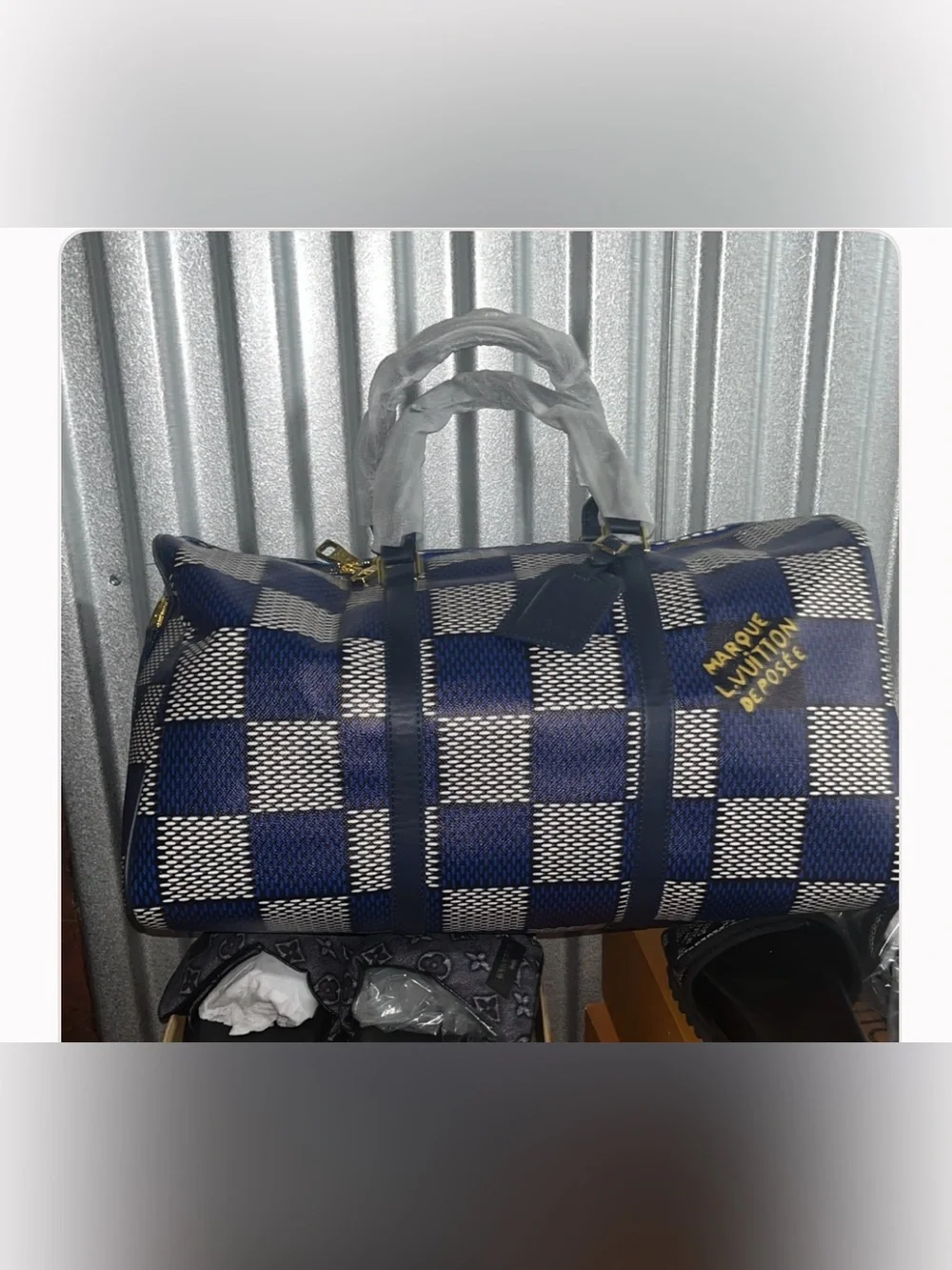 Designer InspoSource Unknown Navy and White Checkered Duffel Bag wi/ Gold Accent